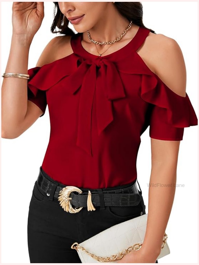 Cold Shoulder Ruffle Blouse With Tie Knot - Short Sleeve Top